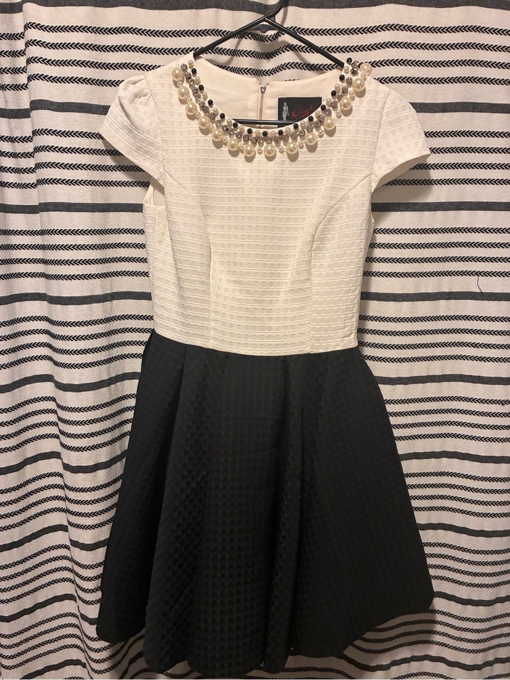 Mac Duggal Pearl-Embellished Black & White Fit-and-Flare Dress